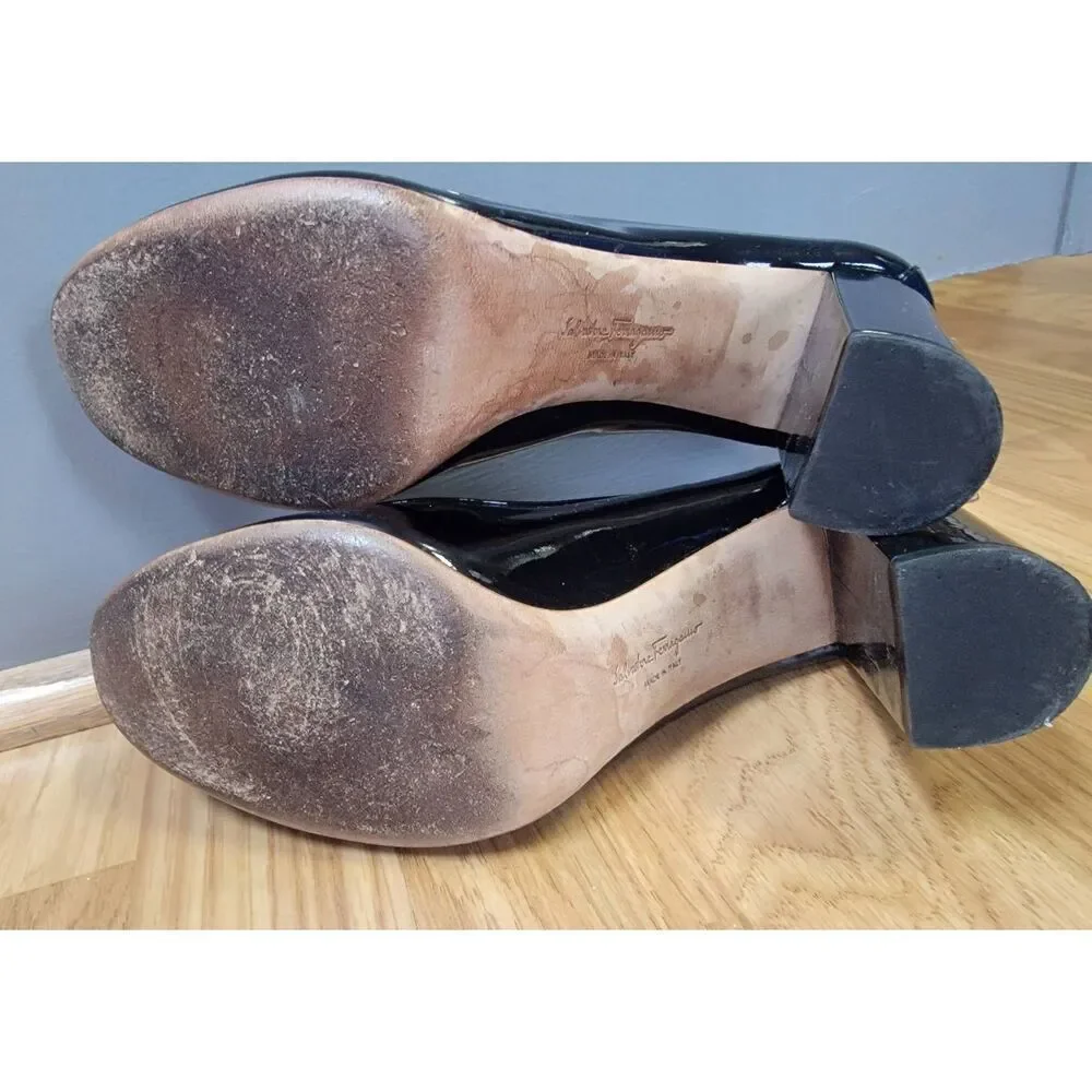 Salvatore Ferrangamo  Black Patent  Leather Ena Gancini Block Heel 8.5